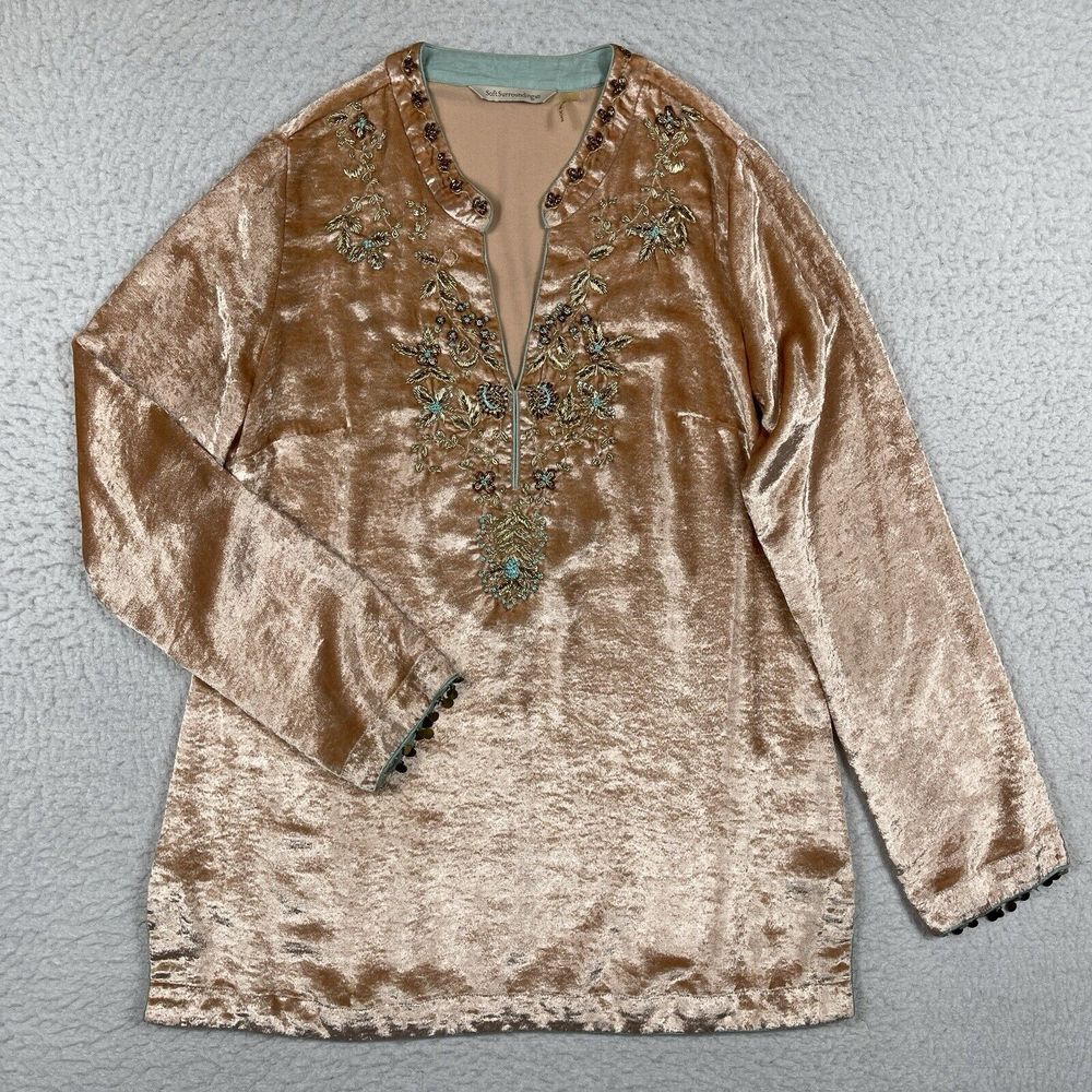 Soft Surroundings Shirt Womens XS Pink Velvet Embroidered Beaded Moroccan Tunic